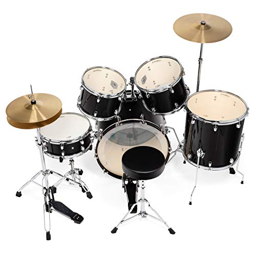 Ashthorpe 5-Piece Full Size Adult Drum Set With Remo Heads & Premium Brass Cymbals - Complete Professional Percussion Kit With Chrome Hardware - Black #TOP2