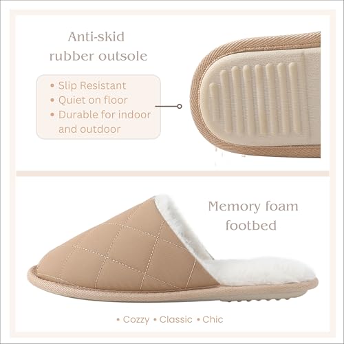 COZZY women’s faux fur slippers with chic quilted technical fabric exterior, warm and cozy slip on indoor outdoor women's slippers with memory foam and anti-slip sole for everyday3