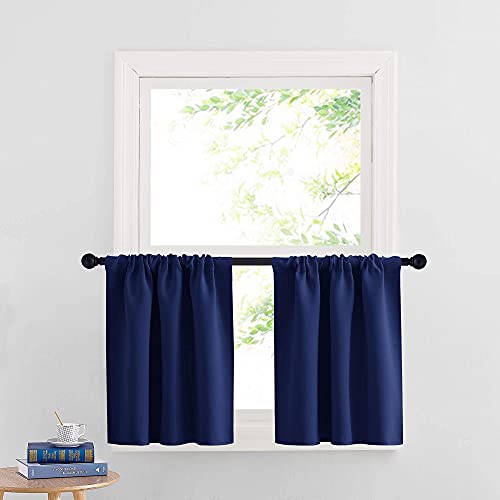 RYB HOME Kitchen Curtains Blackout Half Window Short Drapes for Bathroom Bedroom Small Window Covering, 29 inch Wide x 24 inch Long per Panel, Marine Blue, 2 Panels