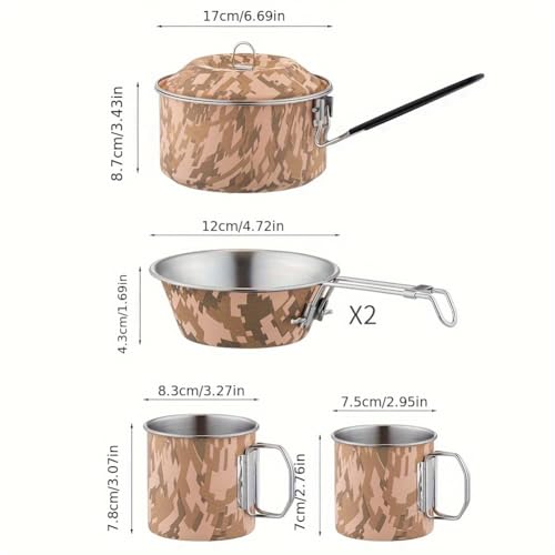 Set de Cocina para Camping Pardarsey 5PCS Camuflaje, Acero Inoxidable Portátil Exterior con Olla, Sartenes y Tazas, Mangos Plegables para Senderismo, Camping y Picnics miniatura 6