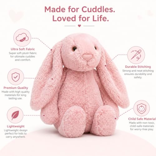 Image of Pink Bunny Plush Toy 40 cm | Ultra Soft Stuffed Rabbit Plush Animal | Cute Cuddly Bunny Doll for Kids | Birthday Gift for Boys & Girls | Nursery & Bedroom Decor