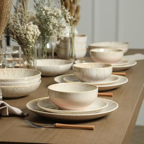 Image of Stone Lain Riley 16-Piece Dinnerware Set Stoneware, Plates and Bowls Set, Dishwasher and Microwave Safe, Dish Set for 4, Sand