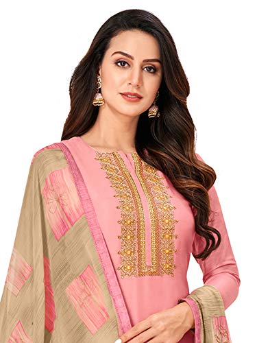 Image of AKHILAM Women's Chanderi Cotton Embroidered Unstitched Salwar Suit Material(Red 32DMK80 Parent)