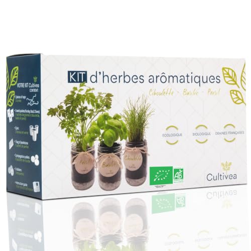CULTIVEA® Kit Herbes Aromatiques Intérieur Bio – Basilic, Persil et Ciboulette à Faire Pousser...