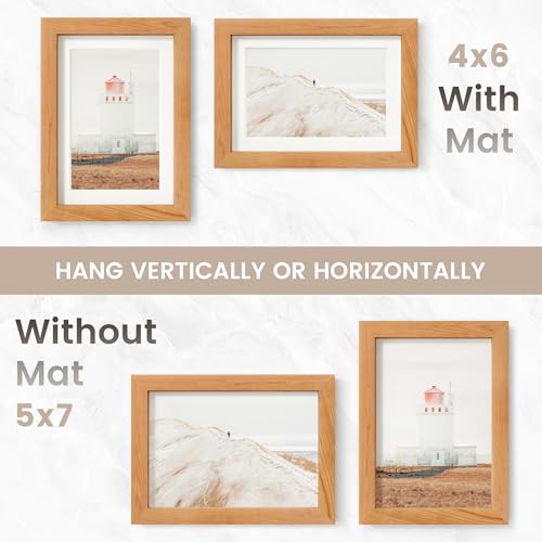 Image of 5x7 Picture Frame, USA-Sourced Natural Cherry Wood Photo Collage Frame with HD Tempered Glass, Modern Simple 5 x 7 Wooden Frame Matted to 4x6, Gallery Wall Frames for Art, Wall or Tabletop Display
