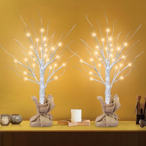 [ 2 Pack & Timer ] Prelit Lighted Birch Trees with 48 Lights DIY Burlap Battery Operated Warm White Artificial Easter Tree Small Tabletop Twinkle Fairy Tree for Home Indoor Party Holiday Easter Decor