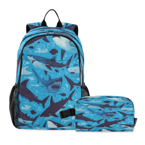 Sac à dos requins noir bleu mer ultra résistant grand volume avec boîte repas