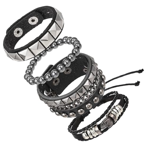 YBEATY 4 Pcs Punk Rock Bracelet Studded Emo Retro Bracelet Set Spiked Leather Cuff Rivet Wrap Cuffs Adjustable 80s Wristband Accessories for Men Women Halloween Party