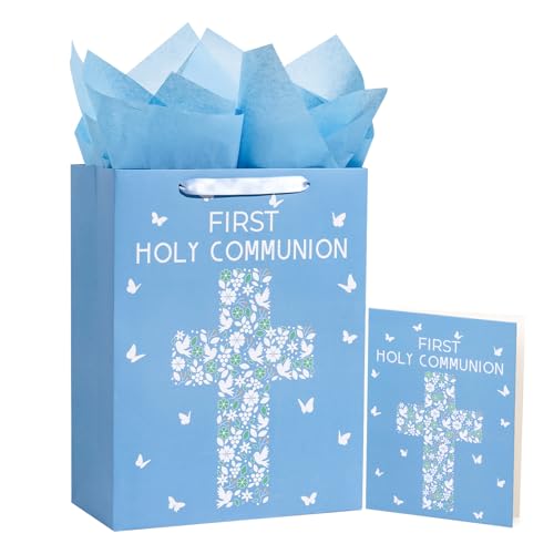 WRAPAHOLIC 13" Large Religious Gift Bag with Card and Tissue Paper - Blue Cross with Butterfly Design for First Communion, Easter, Baby Boy Baptisms, Christenings
