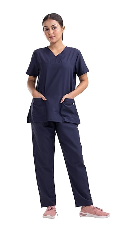 HOSPRIQS Polyester Cotton V-Neck Female Scrub Dress With 2 Pockets Top & Regular Type Trouser- Ideal for Doctors/Surgeon/Professional | Navy Blue (X-Large) (B0CW1QTY2C) Amazon Price History, Amazon Price Tracker