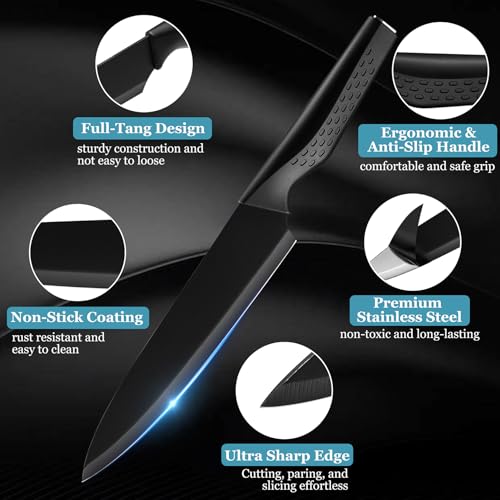 Onader Kitchen Knife Set with Block, 15Pcs Stainless Steel Knife Block Set with Honing Steel, Professional Sharp Knives Tools for Cutting, Chopping, Slicing, Easy to Clean & Heavy-Duty, Black - Image 4
