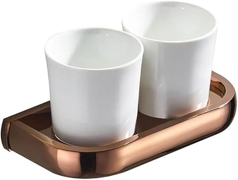 Bathroom Toothbrush Holder,Double Ceramics Tumbler Wall Mounted, Rose Gold Plated Brass Toothpaste Cup, for Lavatory, Screws Mounting