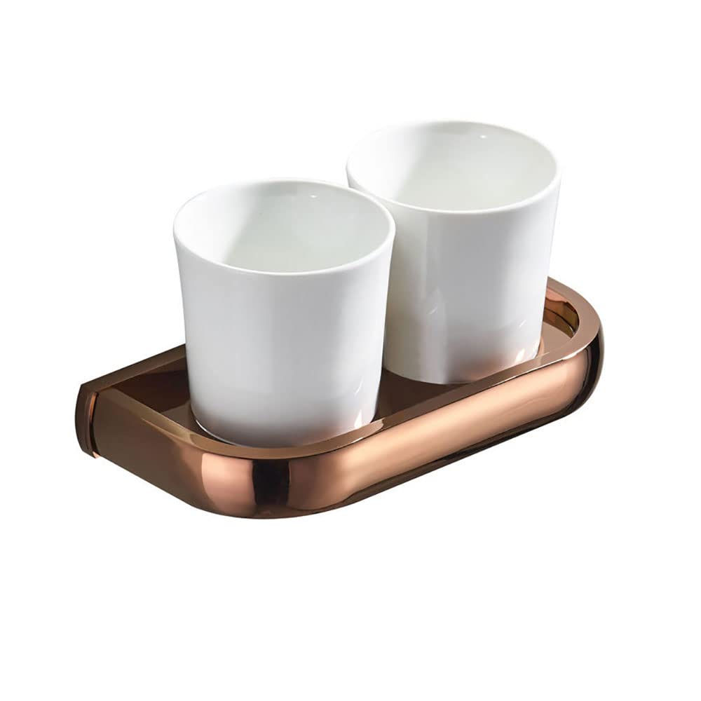 Portacepillos de dientes montado en la pared, Vaso doble de cerámica for pasta dientes, latón chapado en oro rosa, for lavabo, con tornillos montaje