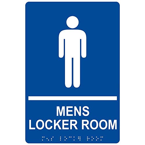 ComplianceSigns.com Mens Locker Room Sign, ADA-Compliant Braille and Raised Letters, 9x6 inch White on Blue Acrylic with Adhesive Mounting Strips