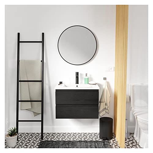 MOB-IN Meuble Simple Vasque 60cm Sorrento Noir + Vasque + Robinet Noir + Miroir