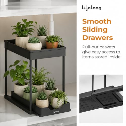 Image of Lifelong 2 Tier Plant Stand Indoor with Storage Tray and Hooks, Black Metal Plant Shelf for Small Potted Plants, Tabletop Organizer Rack for Home Kitchen Office, Space Saving Planter Stand