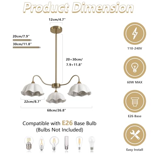 Image of Semi Flush Mount Chandelier Mid Century Modern Sputnik Chandelier with White Ceramic Shade 3-Light Gold Brass Chandelier Living Room Ceramic Ceiling Light