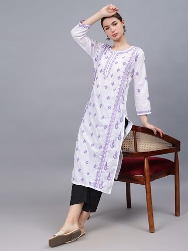Image of Seva Chikan Hand Embroidered Lucknowi Chikankari Cotton Straight Kurta for Women SCL4567