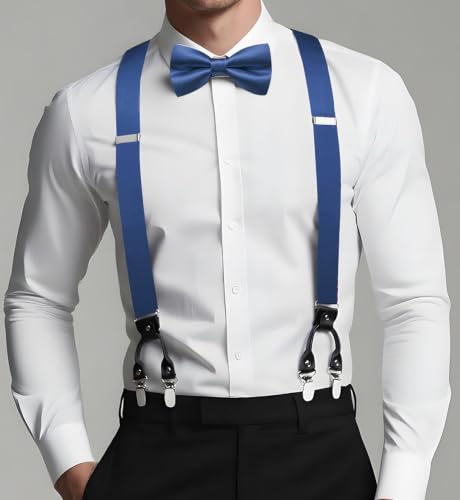 Image of Dubulle Suspender and Bow Tie for Men Paisley Solid Mens Suit Braces Pretied Bowtie and Handkerchief Cufflinks Formal Wedding