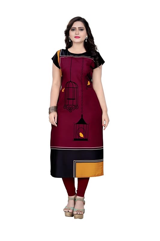 ak fashion mall Women's Crepe Kurti with Stylish Birdcage Print, Elegant Ethnic Wear for Casual & Festive Occasions Maroon-picture-33