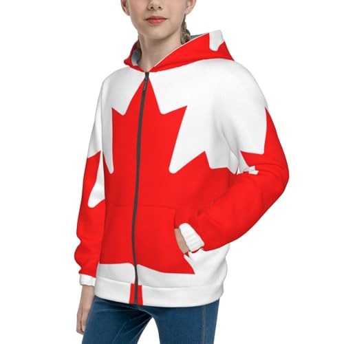 Canadian flag Print Girls Athletic Zip Up Hoodies,Sweatshirts with Pockets Long Sleeve Hooded Jackets, for 7-18 Y