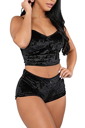 xiaolaa Women Sexy Strappy Babydoll Lingerie Satin Pajama Set Camisole with Shorts 2 Piece Sleepwear (Black,X-Large)