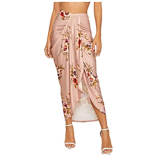 Sanahy Jupe drapée asymétrique pour femme - Motif floral léopard - Taille haute - Pour l'été - Décontractée - Rose - 36 Cover