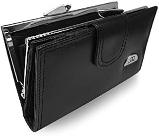 Quenchy London Ladies RFID Blocking Real Leather Purse - 8 Credit Card Protected Spaces Slots with Button Closure - Large Metal Clasped Framed Coin Section - 14cm x9 x2.5 Black QL439M