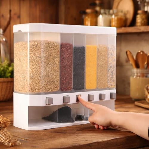 Image of Plastic Space-Saving 6 Grid Wall Mounted Food Dispenser Dry Food Storage Organizer for Rice Nuts Grains Snacks Coffee and Candy.