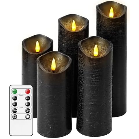 Nimiko Flickering Flameless Candles with Remote Control and Timer Set of 5 Pc Real Wax LED Pillar Candles, Battery Operated Candles（D2.2×H5/5.5"/6"/7"/8"） Home Decor Flameless Candles（Black） Cover