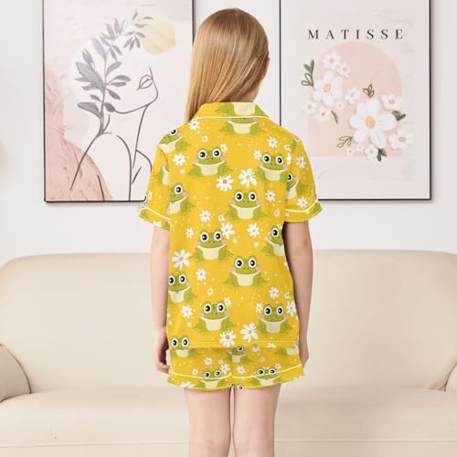ALAZA Yellow Frog Blossom Flower Satin Pajamas Set Short Sleeve Button Down Sleepwear Summer Pjs 2 Piece4