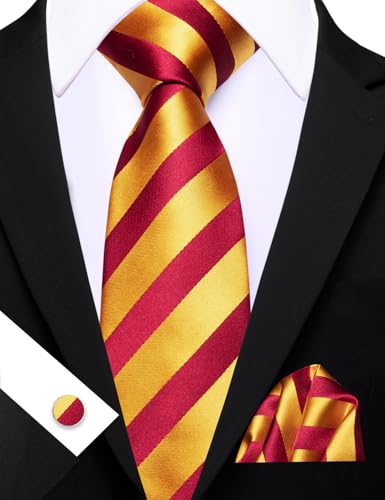 Image of Barry.Wang Man Stripe Ties Set Silk Woven Pocket Square Necktie Cufflinks Formal Party Business