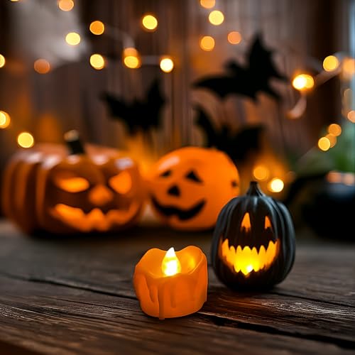 Image of 12 Pcs Orange Melting Tea Light Candles Battery Operated with Timer | Warm White Flickering Tealight, Battery Includes Last for 100+ Hours, for Thanksgiving Fall Autumn