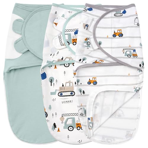 Image of Unnivoll Baby Swaddles for Newborns with Zipper, 100% Cotton Newborn Swaddle Sack, 3 Pack Baby Swaddles 0-3 Months Swaddle Sleep Sack for Newborn Baby Boy Girl Excavator