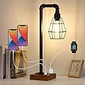 CADUKE Industrial Touch Control Table Lamp, LED Bulb Included, 3 Way Dimmble Lamp with 2 USB Ports and AC Outlet, Bedside Nightstand Desk Lamps with Metal Cage Shade for Bedroom Living Room Farmhouse