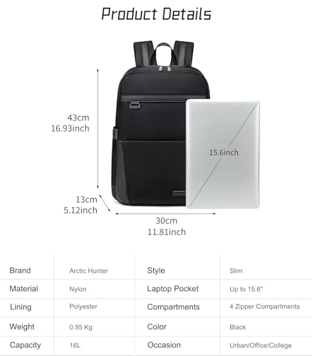Image of Arctic Hunter Slim Laptop Backpack for Men Women 16L Nylon Water Repellent Lightweight Multiple Pockets Daily Backpack with Metal Buckle for Office College
