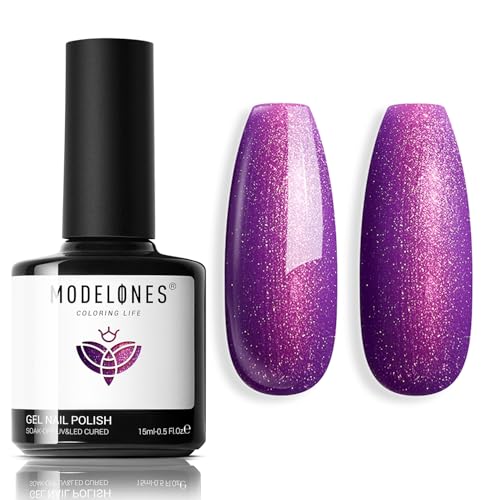 Image of modelones Gel Nail Polish, 15 ML Chameleon Purple Gel Polish Pink Holographic Nail Polish Hot Pink Shimmer Glitter Gel Polish Soak Off LED Nail Art Gel DIY Salon Gift for Women