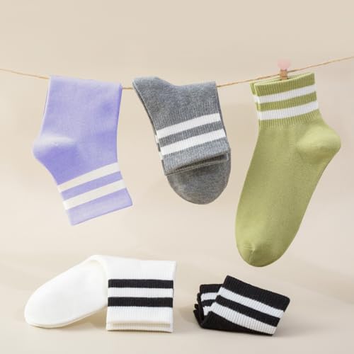 Image of SISOSOCK Quarter Crew Cotton Socks for Women Striped Athletic Casual Breathable Socks 10 Pairs with Gifts Box