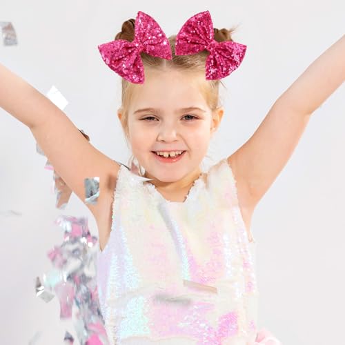 CN 5 Inch Glitter Hot Pink Hair Bows for Girls Alligator Clips Sparkly Sequin Hair Accessories for Kids Toddler Women on Birthday Wedding Christmas and Party
