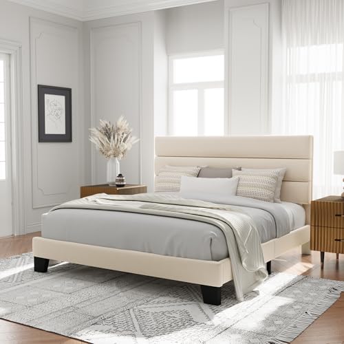 Image of Allewie King Size Platform Bed Frame with Velvet Upholstered Headboard and Wooden Slats Support, Fully Upholstered Mattress Foundation /No Box Spring Needed /Easy Assembly, Cream