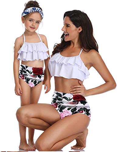 XUNYU Girls Swimsuit Falbala High Waisted Bathing Suit Halter Neck Bikini Swimwear Tankini White 2-3 Years