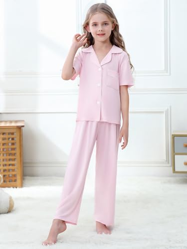 Umeyda Girls Modal Pajamas Set Button Down Sleepwear Loungewear PJS Shorts Sleeve Tops + Pants2