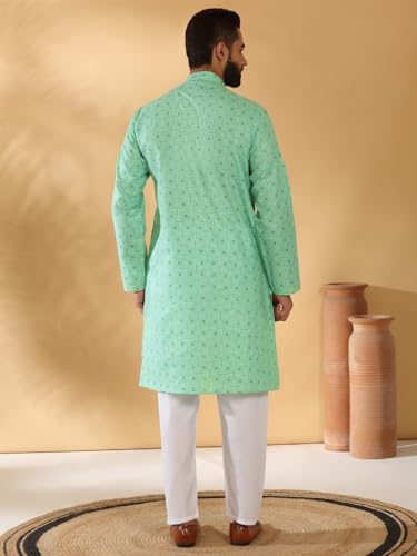 Image of KRAFT INDIA Men's Cotton Blend Geometric Printed Straight Long Regular Kurta and Elastic Waistband Pyjama Set