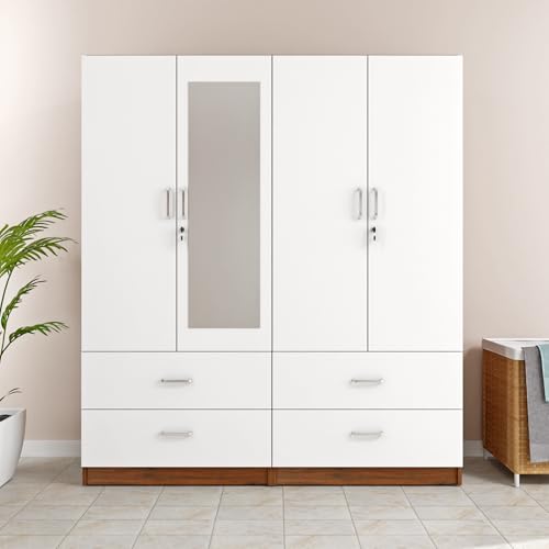 Image of VIKI Wardrobe | Wooden Almirah for 4 Door 4 Drawer with Shelves & Hanging Space Mirror Wardrobe (Walnut | White - 40D x 160W x 180.8H) | 1 Year Warranty | Free Assembly