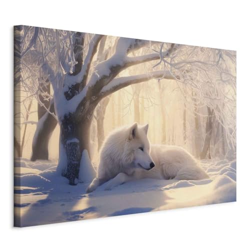 decomonkey Impression sur Toile Loup d'hiver 90 x 60 cm 1 Pièce - Tableau Décoration Appartement Cadre en Bois Photo Déco Loup Hiver Neige Nature Animaux