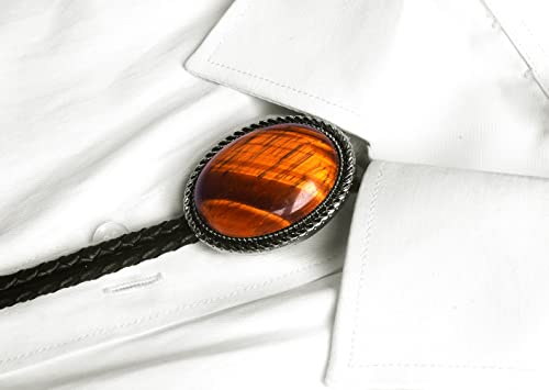 Image of Moranse Bolo Tie with Natural Tiger Eye Stone Celtic Style Genuine and Cowhide Rope