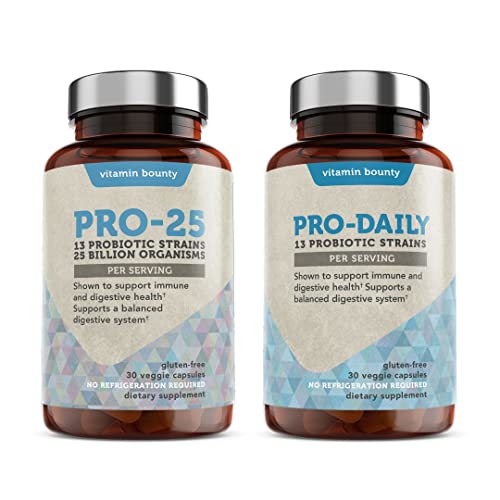 Probiotic Bundle, Vitamin Bounty Pro 25 Probiotic with Prebiotics for Oral & Dental Health, Gut and Digestive Support, 13 Strains, 25 Billion CFU, Pro-Daily Probiotic and Prebiotic for Men and Women