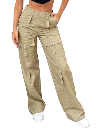 Women's Straight Leg Y2K Streetwear Baggy Cargo Pants with Belt Loops Pocket