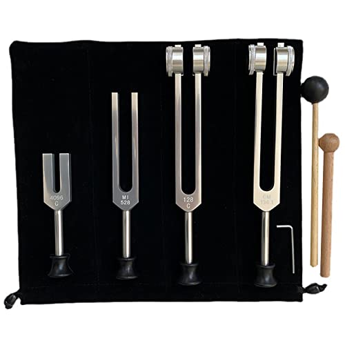 4 Pcs Tuning Fork Medical Sound Healing Set, 128Hz Om 136.1Hz 528Hz 4096Hz Tuning Fork Chakra Solfeggio Meditation