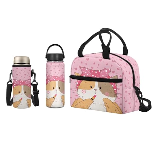 ZUXONGSY Kawaii Cat Lunch Box for Girls 10-12 Insulated Kids Water Bottle for School 3 Piece Set Water Bottle Holder with Strap Leakproof Food Storage Container for Picnic